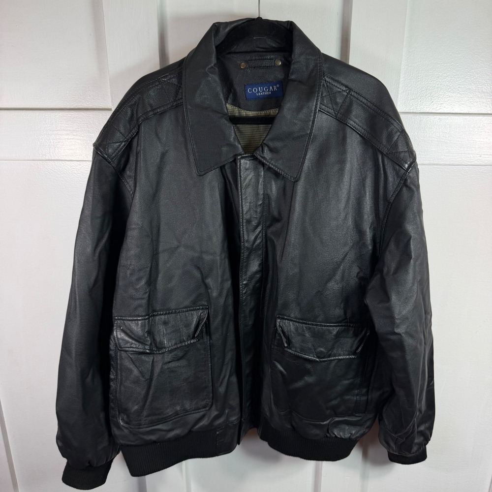 Cougar Leather Mens Black Genuine Leather Bomber Aviator Jacket RN 68773